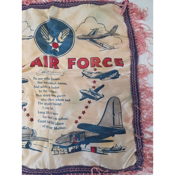 Vintage US AIR FORCE  Silk Pillow Case Fringed Mother Poem WW2 Soldier Military - Picture 3 of 7